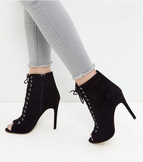 Black Suedette Peep Toe Ghillie Heels | New Look