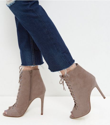 Light Brown Suedette Peep Toe Ghillie Heels | New Look