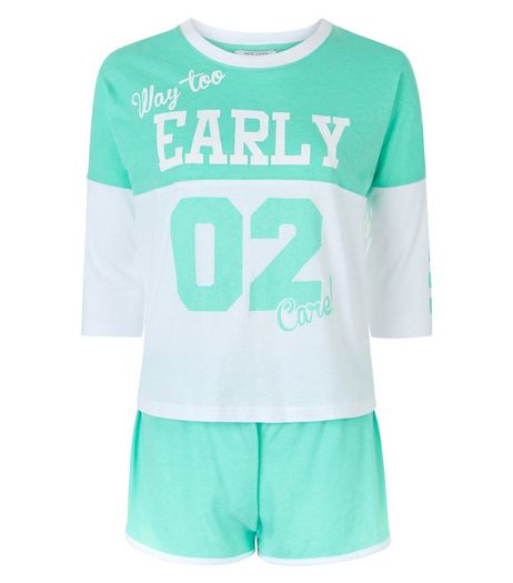Teens Mint Green Way Too Early Print Colour Block Pyjama Set | New Look