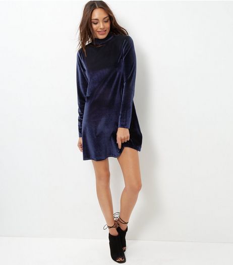 Brave Soul Navy Velvet Funnel Neck Dress | New Look