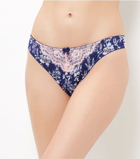 Blue Floral Print Lace Panel Brazilian Briefs | New Look