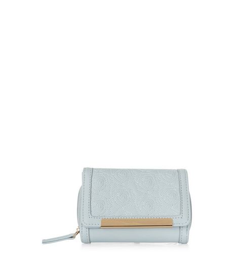 Blue Floral Stitch Metal Bar Purse | New Look
