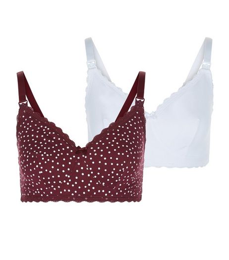 Maternity 2 Pack White and Burgundy Polka Dot Nursing Bras | New Look