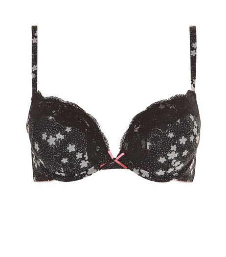 Black Ditsy Floral Lace Trim Push Up Bra | New Look