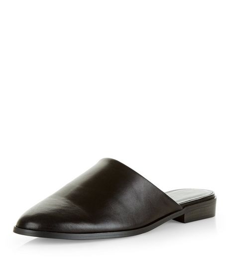 Black Leather Pointed Mules | New Look