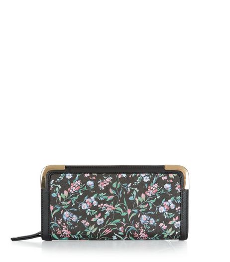 Black Floral Print Zip Around Purse | New Look
