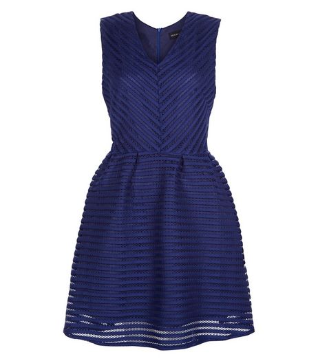 Mela Navy Mesh Stripe Skater Dress | New Look