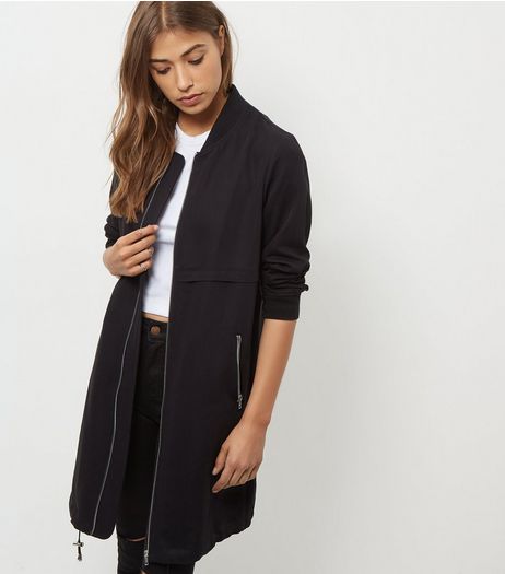 Black Drawstring Longline Bomber Jacket | New Look