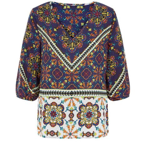 Apricot Navy Tile Print V Neck Top | New Look