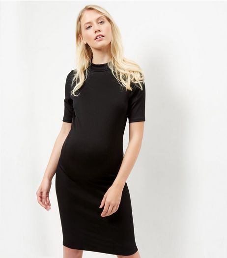 Maternity Black Ribbed Funnel Neck 1/2 Sleeve Dress | New Look
