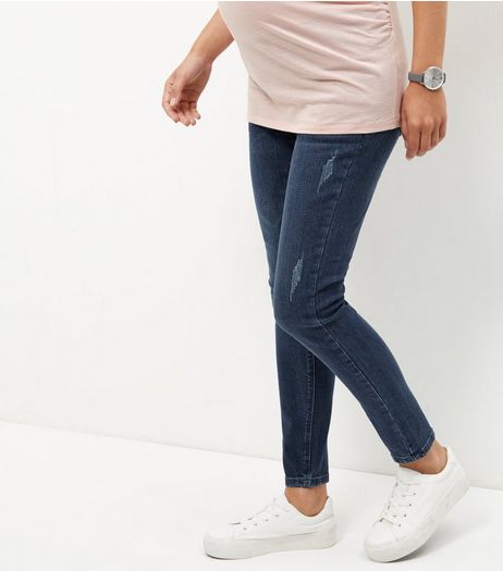 Maternity Navy Ripped Under Bump Skinny Jeans | New Look