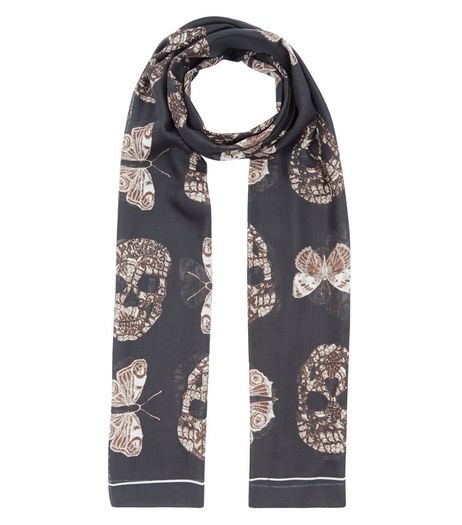 Black Skull Print Longline Scarf | New Look