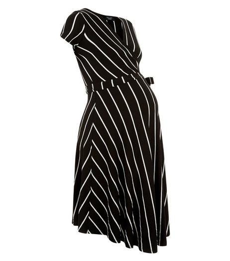 Maternity Black Stripe Tie Wrap Front Dress | New Look