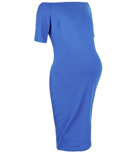 Maternity Blue Ribbed Bardot Neck Dress | New Look