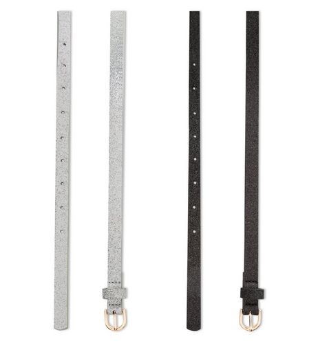 2 Pack Black and Silver Skinny Belts | New Look
