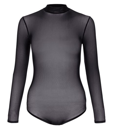 Petite Black Sheer Mesh Long Sleeve Bodysuit | New Look