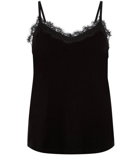 Tall Black Velvet Lace Trim Cami | New Look