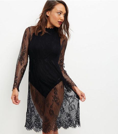 Black Sheer Lace Long Sleeve Midi Dress | New Look