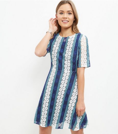 Blue Circle Stripe Lace Skater Dress | New Look