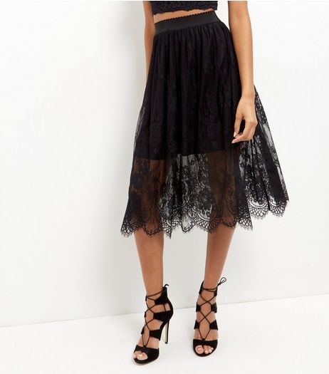 Black Sheer Lace Midi Skirt | New Look