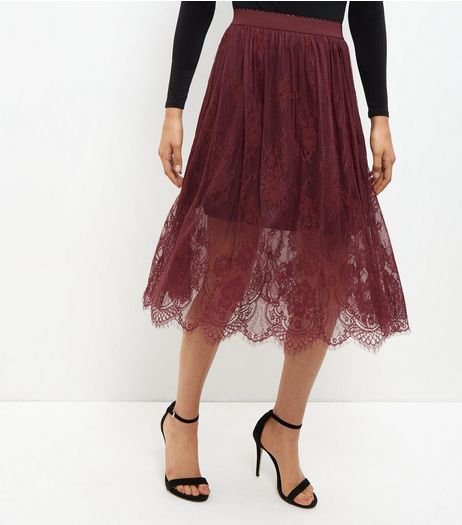 Burgundy Sheer Lace Midi Skirt | New Look