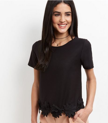Black Crochet Trim T-Shirt | New Look