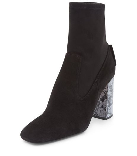 Black Premium Leather Marble Block Heel Boots | New Look