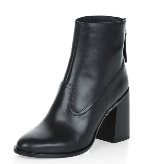 Black Premium Leather Flared Block Heel Boots | New Look