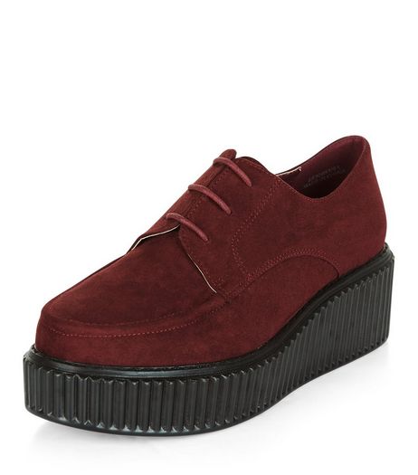 Wide Fit Dark Red Suedette Creepers | New Look