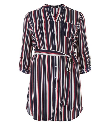 Curves Blue Stripe Tie Waist Shirt Dress | New Look