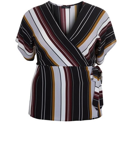 Curves Black Stripe Wrap Tie Side Top | New Look
