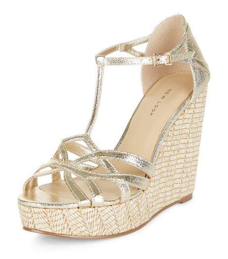 Gold Leather-Look Contrast Wedges | New Look