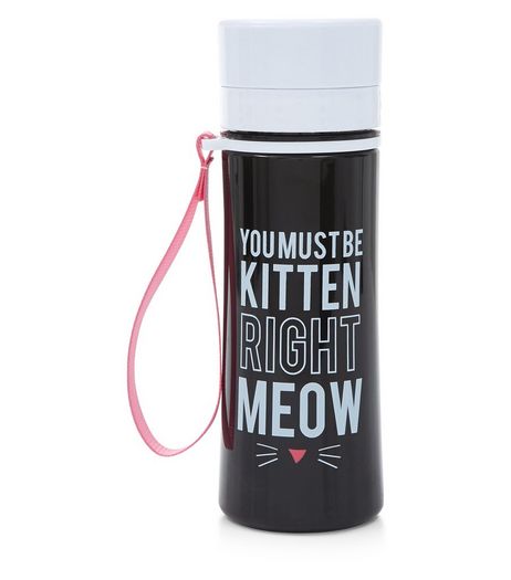 Black Kitten Slogan Water Bottle | New Look