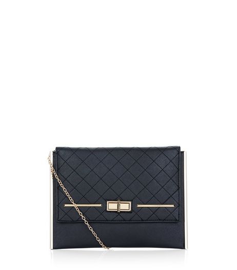 Black Twist Lock Quilted Clutch | New Look