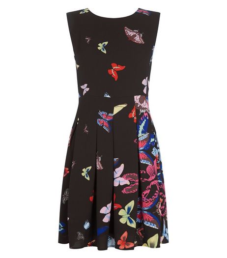 Mela Black Butterfly Print Pleated Skater Dress | New Look