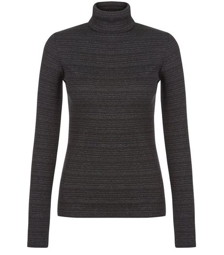 Dark Grey Ribbed Stripe Turtle Neck Long Sleeve Top | New Look