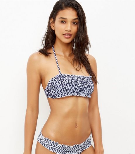 Blue Zig Zag Print Bandeau Bikini Top | New Look
