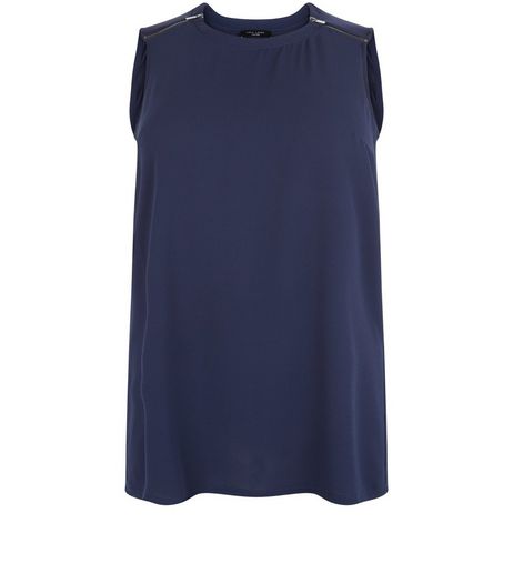 Curves Navy Zip Shoulder Sleeveless Top | New Look