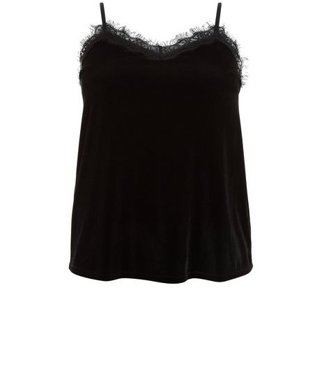 Curves Black Lace Trim Velvet Cami | New Look