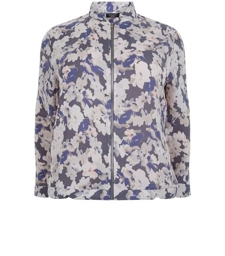 Curves Black Floral Print Chiffon Bomber Jacket | New Look