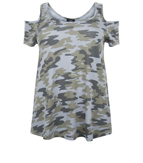 Curves Green Camo Print Cold Shoulder Top | New Look