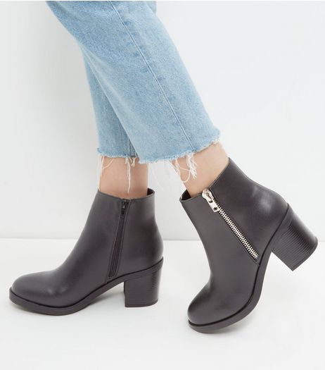 Black Leather Block Heel Ankle Boots | New Look