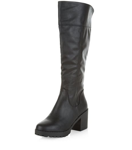Black Leather-Look Knee High Block Heel Boots | New Look