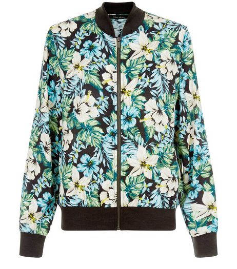 Black Tropical Floral Print Bomber Jacket | New Look