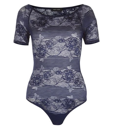 Navy Rose Lace Stripe Bodysuit | New Look