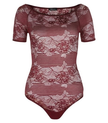 Burgundy Rose Lace Stripe Bodysuit | New Look