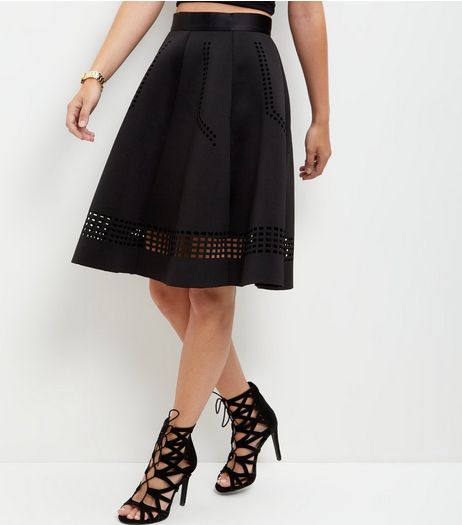 Black Scuba Laser Cut Out Trim Midi Skirt | New Look