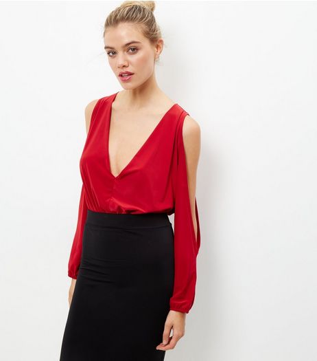 Dark Red Plunge V Neck Cold Shoulder Bodysuit | New Look