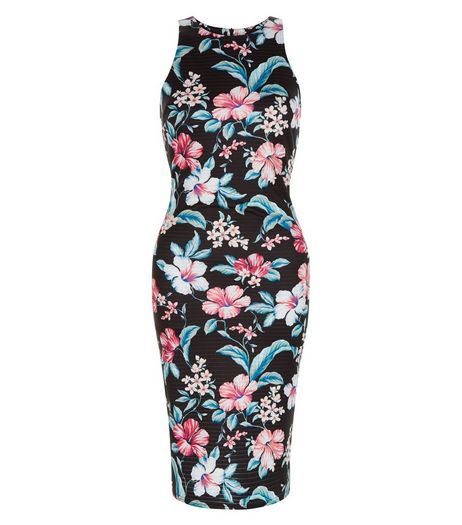 Black Floral Print Bodycon Midi Dress | New Look