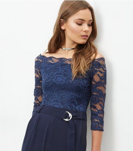 Navy Lace Bardot Neck Bodysuit | New Look